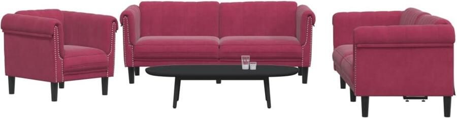 VidaXL Loungeset Fluweel Wijnrood 3-Delig Loungebank Fluweelbanks Bankstel Rode Bank Velvet Sofa