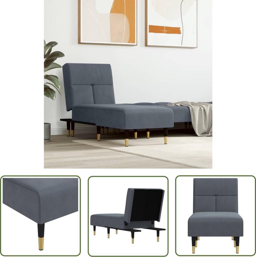 The Living Store Chaise Longue Donkergrijs Verstelbaar Fluwelen bekleding Stevig frame Elegante uitstraling Chaise Lounge Loungestoel Relaxfauteuil Donkere Kleuren Meubels Grijs Meubilair - Foto 2