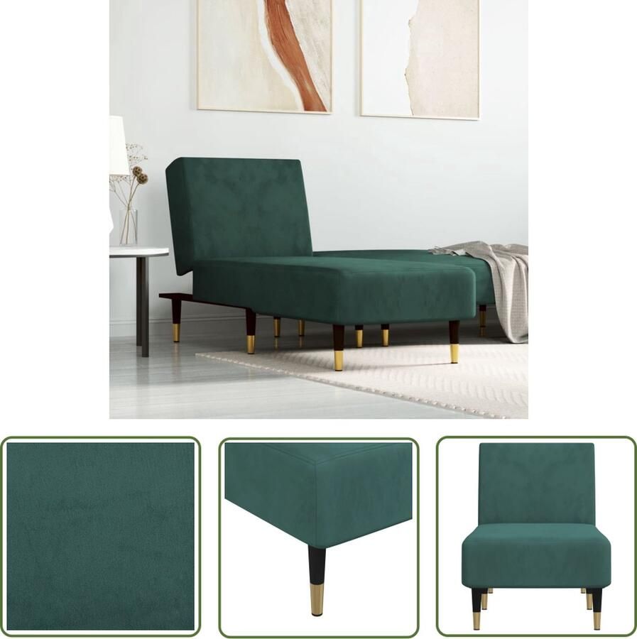 The Living Store Chaise longue Verstelbaar Donkergroen Fluweel 55 x 140 x 70 cm Stabiel frame Comfortabel Chaise Lounge Loungestoel Relaxfauteuil Fauteuil Donkere Kleuren