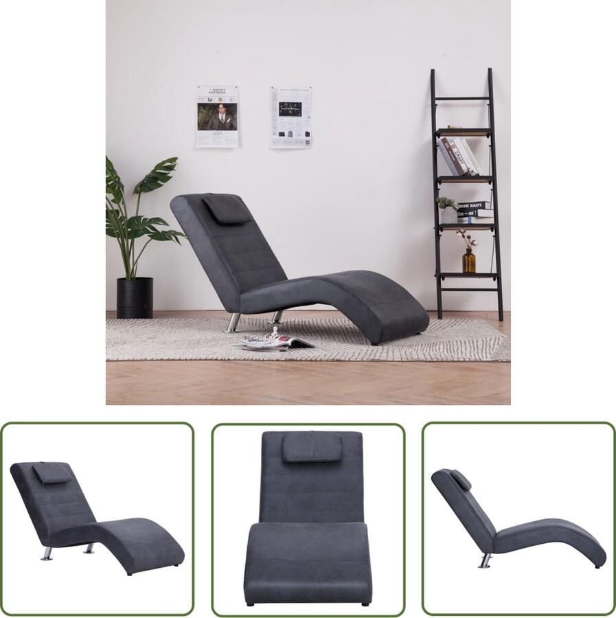 The Living Store Chaise Longue Grijs 144 x 59 x 79 cm Houten frame Kunstsuède bekleding Chaise Lounge Loungestoel Relaxfauteuil Kunstleder Meubilair Moderne Fauteuil - Foto 2