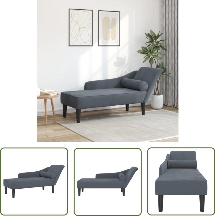 The Living Store Chaise longue met kussens fluweel donkergrijs Chaise Lounge Loungestoel Relaxstoel Velours Fauteuil Donkere Kleuren