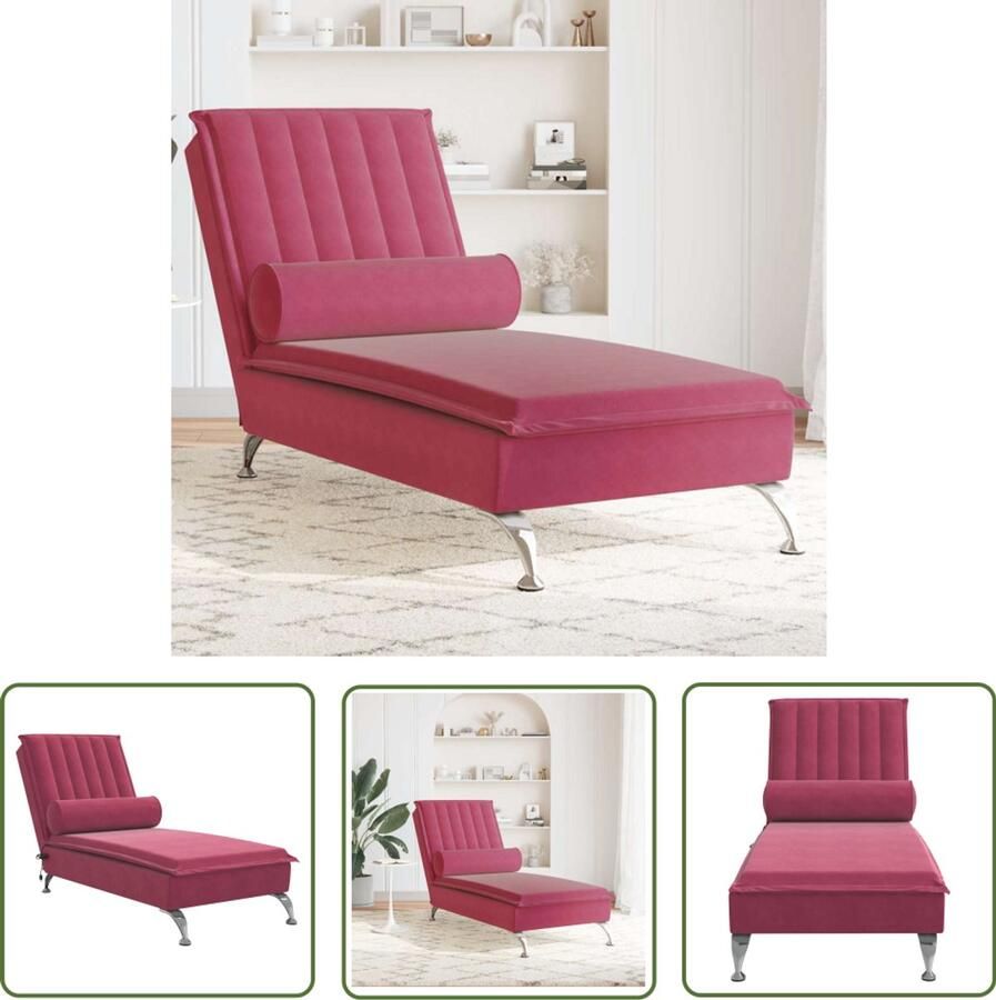 The Living Store Massage chaise longue met bolster fluweel wijnrood Massage Fauteuil Loungestoel Fluweelstoel Wijnrood Meubilair Elektrische Massage