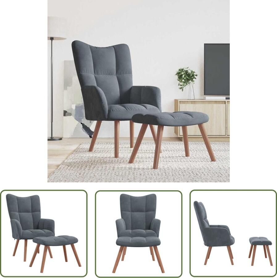 The Living Store Relaxstoel Blokpatroon Staal Massief beukenhout 61.5x69x95.5 cm Donkergrijs Relaxfauteuil Loungestoel Fauteuiltje Comfortabele Stoel Velvet Bank - Foto 2