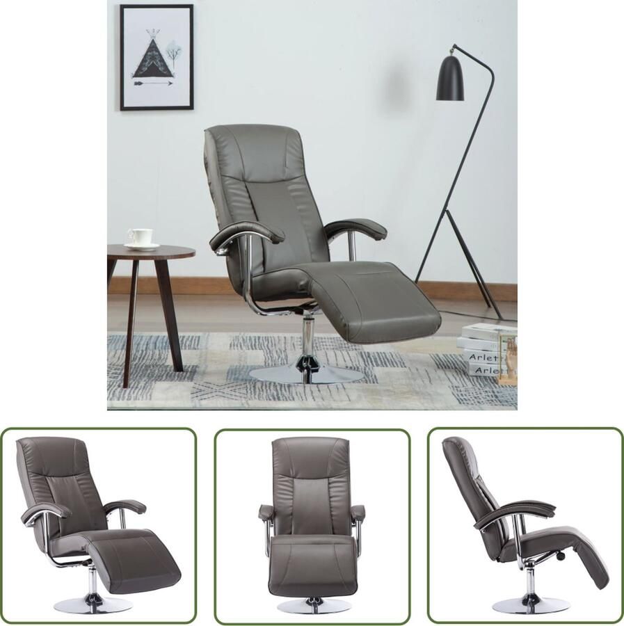 The Living Store Televisiefauteuil Kunstleren Grijs 68 x 137 x 104 cm Verchroomd metalen frame Televisiestoel Loungestoel Relaxfauteuil Kunstleder Meubels Grijze Fauteuils - Foto 3