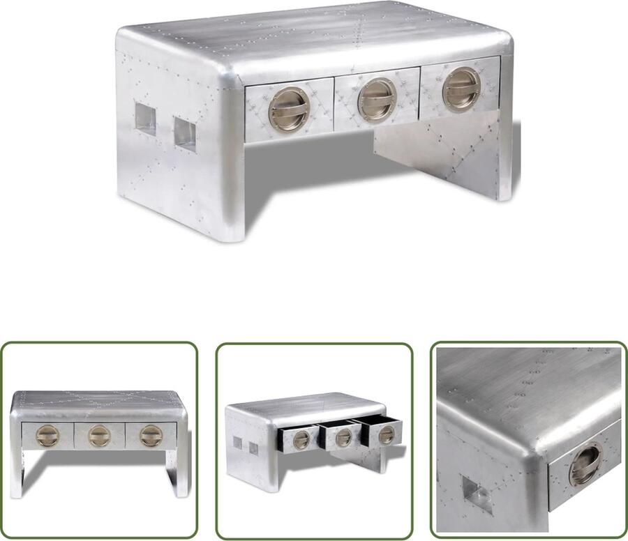 The Living Store Salontafeltje Luchtvaartstijl 80 x 50 x 40 cm 3 lades Massief hout Aluminium panelen Salontafel Luchvaartstijl Industrieel Interieur Vintage Meubilair Salontafel Met Lade - Foto 2