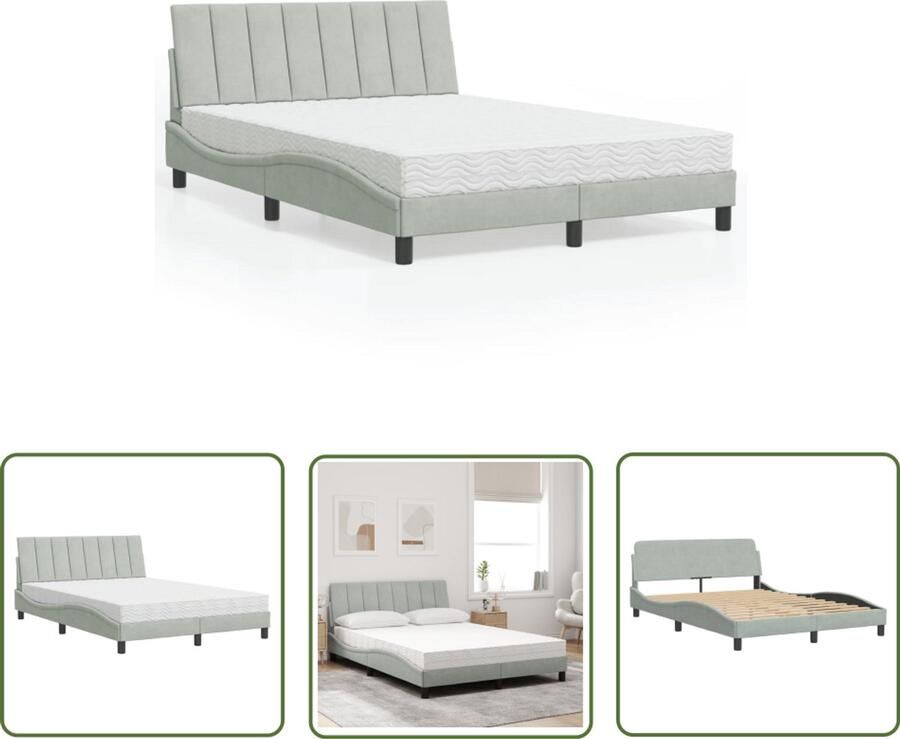 VidaXL Luxe Bed Slaapcomfort Bed met matras Hanko fluweel lichtgrijs 140x190 cm Fluweel Bed King Size Bed Tweepersoonsbed