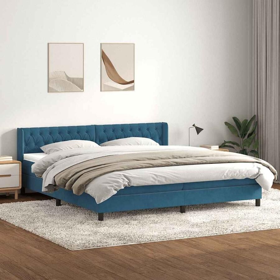 VidaXL Luxe Boxspring 180x210 cm Fluweel Donkerblauw Boxspring Tweepersoonsbed Fluweel Bed Donkere Kleuren Bed Luxe Bed Comfortabel Bed Boxspring Frame Hoofdbord Pocketvering Matras Topper Slaapkamer Meubilair