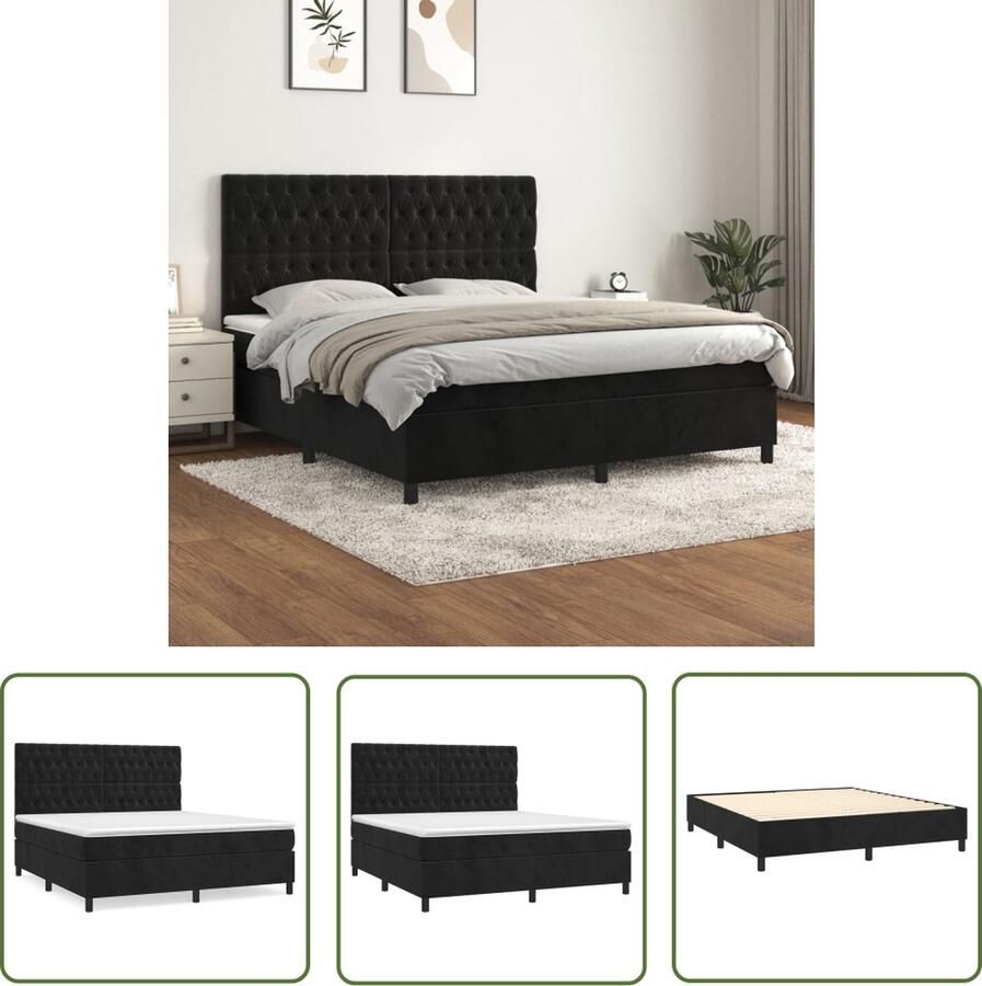 The Living Store Boxspringbed Luxe Zacht fluweel Praktisch hoofdbord Pocketvering Middelharde ondersteuning Huidvriendelijke topmatras Kleur- zwart Afmetingen- 203 x 180 x 118 128 cm
