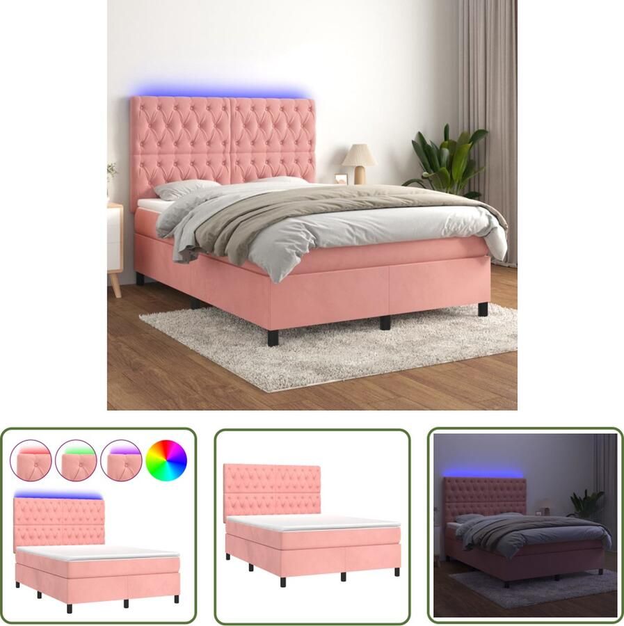 The Living Store Boxspring Bed LED Zacht fluweel Verstelbaar hoofdbord Pocketvering matras Huidvriendelijk topmatras Kleurrijke LED-verlichting 193x144x118 128cm Roze