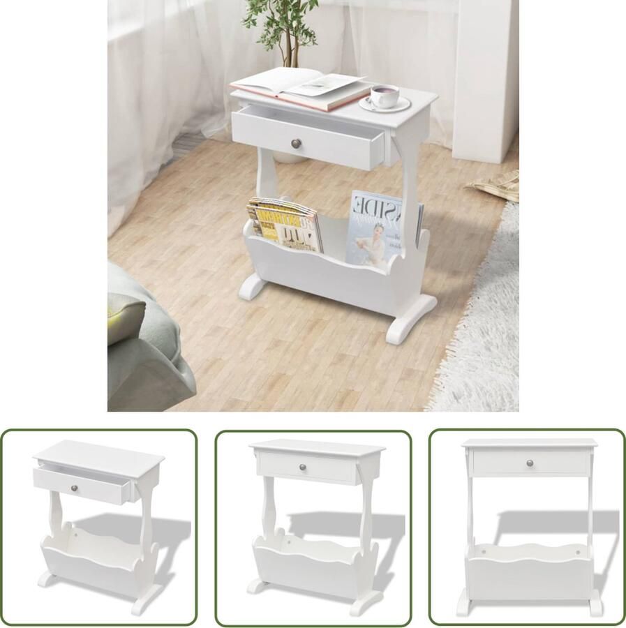 The Living Store Tijdschriftenrek 48.5 x 24 x 61 cm Met lade Tijdschriftenrek Magazinerak Bladhouder Houten Kast Witte Kast