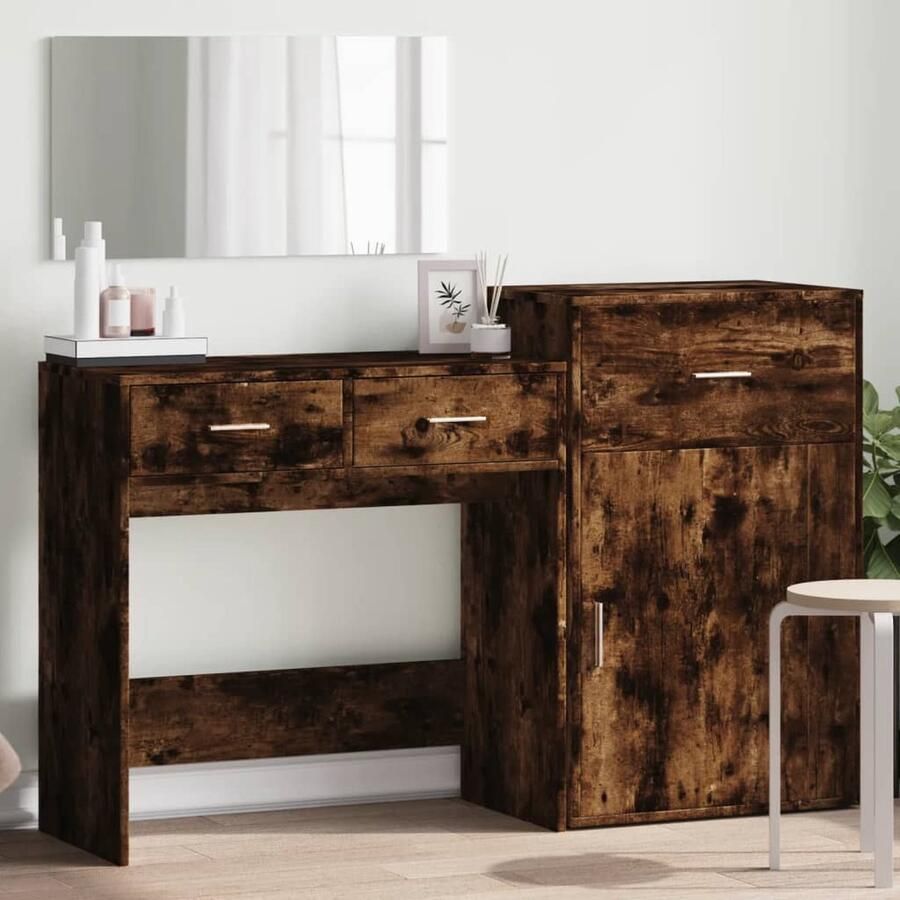VidaXL Make-up Tafel Kaptafel 3-delige Kaptafelset bewerkt hout gerookt eikenkleurig Dressing Table Houten Kaptafel Bruine Kaptafel