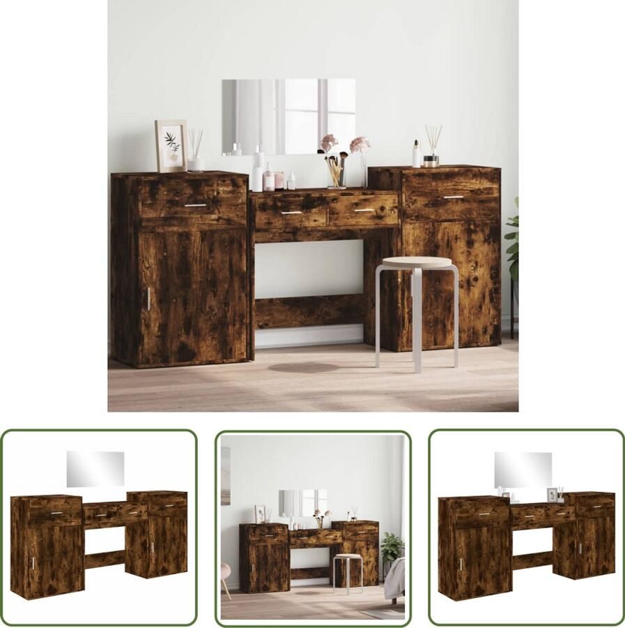 VidaXL Make-up Tafel Kaptafel 4-delige Kaptafelset bewerkt hout gerookt eikenkleurig Dressing Table Houten Kaptafel Bruine Kaptafel