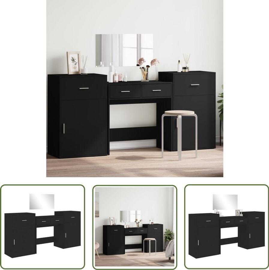 VidaXL Make-up Tafel Kaptafel 4-delige Kaptafelset bewerkt hout zwart Dressing Table Badkamermeubel Houten Kaptafel