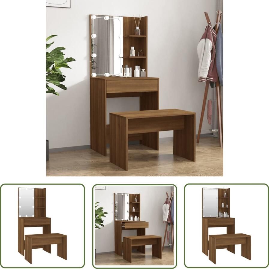 VidaXL Make-up Tafel Kaptafel Kaptafelset met LED-verlichting bewerkt hout bruin eikenkleur Dressing Table Led Verlichting Houten Kaptafel