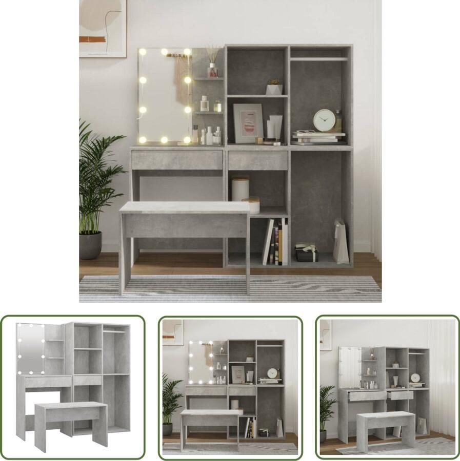 The Living Store Kaptafelset met LED's bewerkt hout betongrijs Kaptafel Make-up Tafel Dressing Table Led Verlichting Kaptafel Met Spiegel