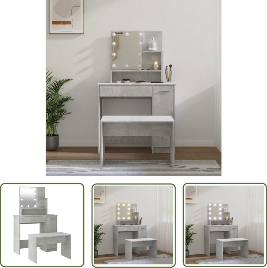 VidaXL Make-up Tafel Kaptafel Kaptafelset met LED's bewerkt hout betongrijs Dressing Table Led Verlichting Houten Kaptafel