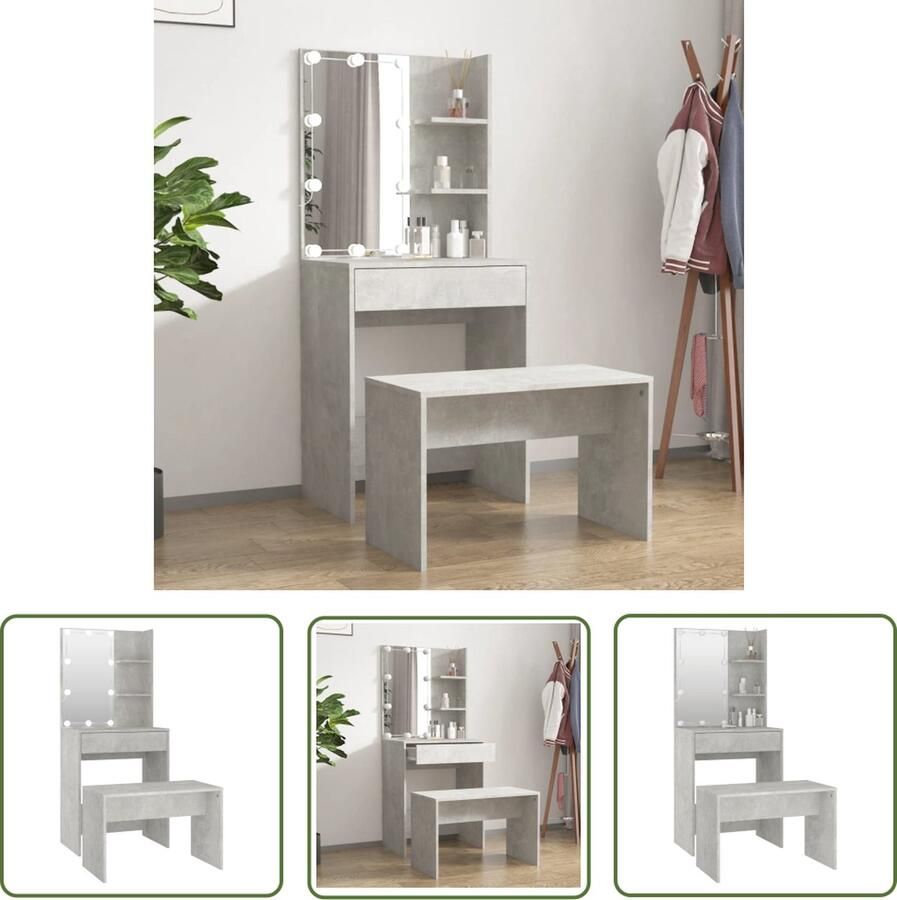 VidaXL Make-up Tafel Kaptafel Kaptafelset met LED's bewerkt hout betongrijs Dressing Table Led Verlichting Houten Kaptafel