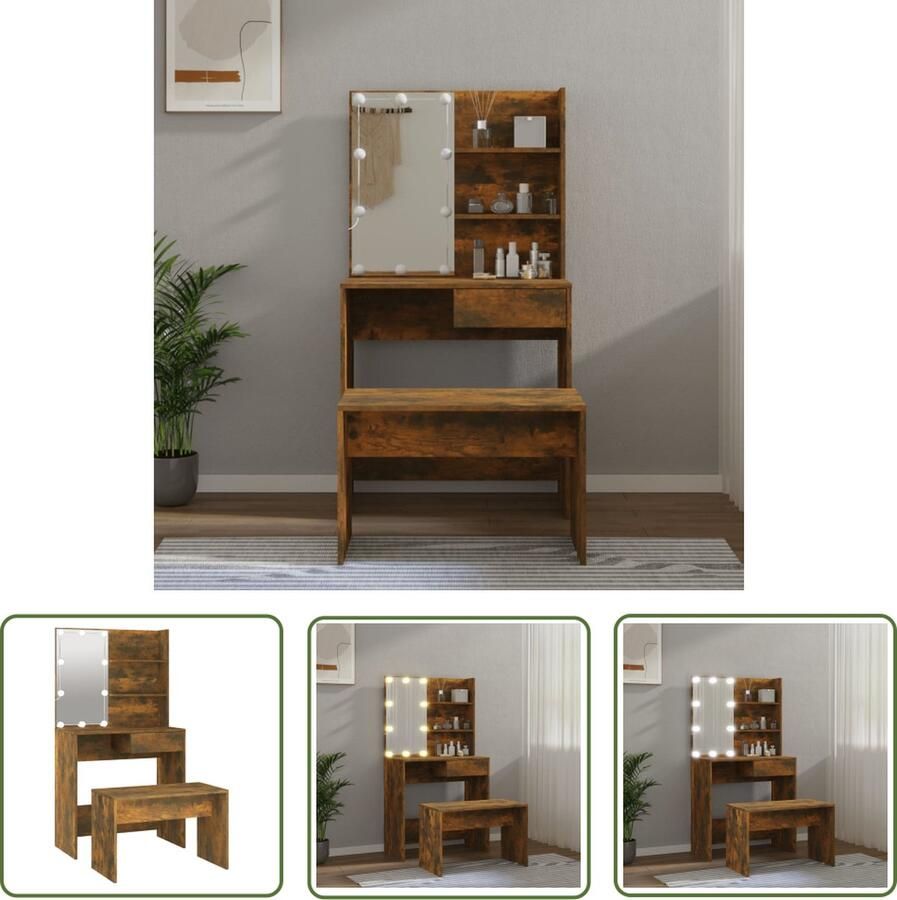 VidaXL Make-up Tafel Kaptafel Kaptafelset met LED's bewerkt hout gerookt eiken Dressing Table Led Verlichting Bruine Kaptafel