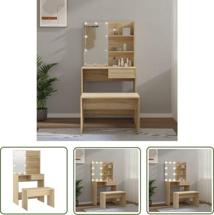 VidaXL Make-up Tafel Kaptafel Kaptafelset met LED's bewerkt hout sonoma eikenkleurig Dressing Table Led Verlichting Sonoma Eiken