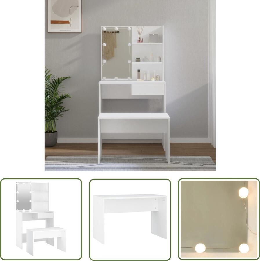 VidaXL Make-up Tafel Kaptafel Kaptafelset met LED's bewerkt hout wit Dressing Table Led Kaptafel Houten Kaptafel