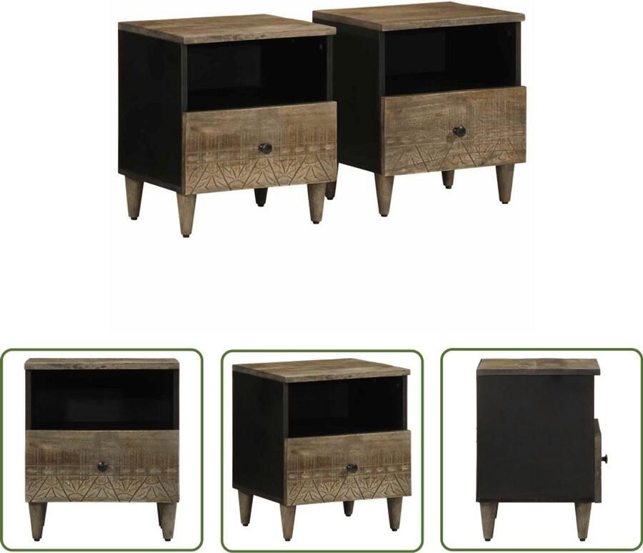 The Living Store Nachtkastjes 2 st 40x33x46 cm massief mangohout lichtgrijs Nachtkastjes Mango Hout Slaapkamer Opbergruimte Vintage