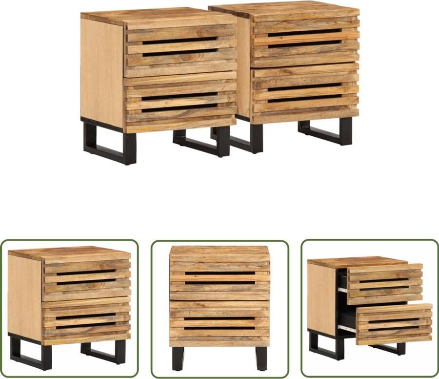 The Living Store Nachtkastjes 2 st 40x34x46 cm massief ruw mangohout Nachtkastje Mango Wood Industrieel Design Vintage Woonaccessoires