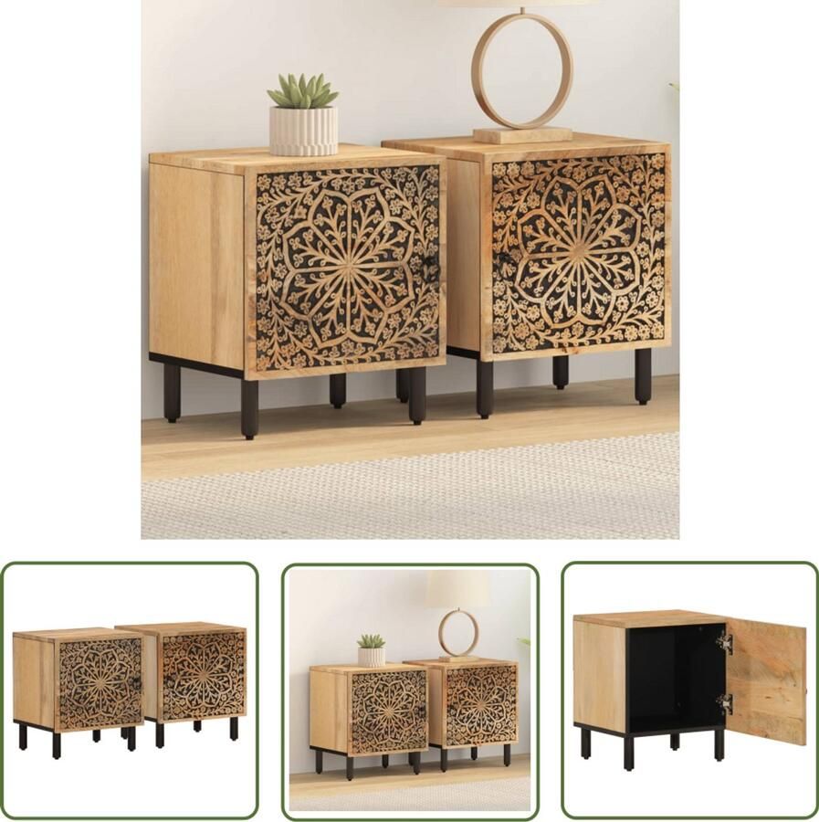 VidaXL Mango Wood Nachtkastjes 2 st 40x33x46 cm massief mangohout Houten Meubilair Vintage Meubels Retro Meubels