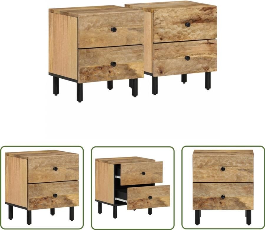 The Living Store Nachtkastjes 2 st 40x33x46 cm massief mangohout Nachtkastjes Mango Wood Houten Nachtstand Slaapkamerdecoratie Vintage Design