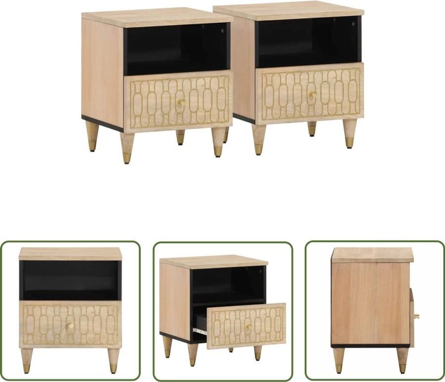 The Living Store Nachtkastjes 2 st 40x33x46 cm massief mangohout Nachtkastjes Mango Wood Vintage Design Handgemaakt Bedroom Furniture
