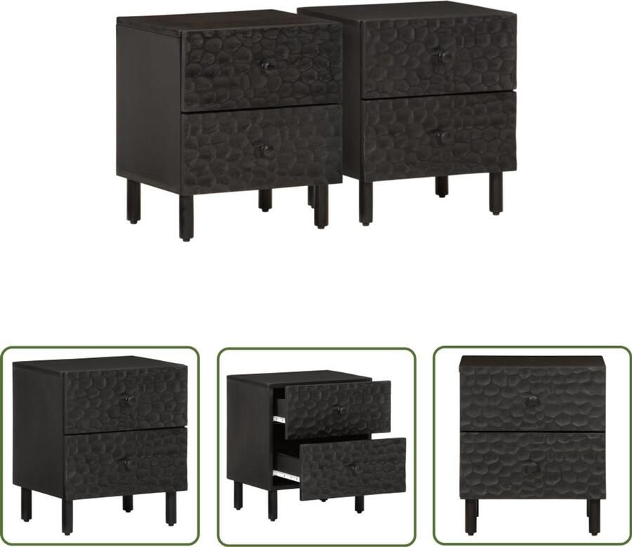 The Living Store Nachtkastjes 2 st 40x33x46 cm massief mangohout zwart Nachtkastjes Mango Wood Houten Nachtstand Slaapkamers Kamerinrichting