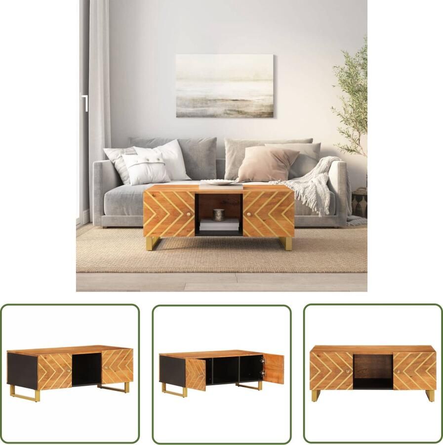 The Living Store Salontafel Massief Mangohout 100x54x40 cm Opbergruimte Stevig Tafelblad Praktische Deur IJzeren Poten Salontafel Mango Wood Houten Salontafel Tv Tafeltje Bijzettafel