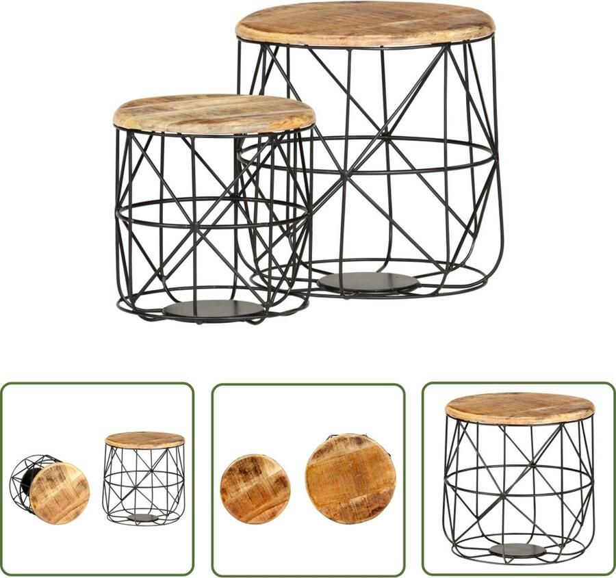 The Living Store Salontafelset Antieke Stijl Massief Mangohout Zwart 45 x 45 cm en 36 x 36 cm Vintage Design Salontafel Mangoholzt Vintage Design Interieurdecoratie - Foto 2