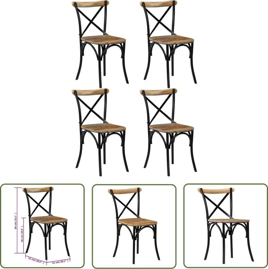 The Living Store Eetstoelen Mangohout Set van 6 Zwart 51x52x84 cm Stalen frame Eetkamerstoelen Mangohout Meubilair Zwarte Stoelen Vintage Stoelen Kruisstoelen - Foto 2