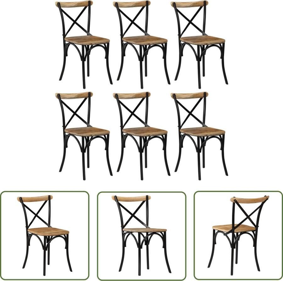 The Living Store Eetstoelen Mangohout Set van 6 Zwart 51x52x84 cm Stalen frame Eetkamerstoelen Mangohout Meubilair Zwarte Stoelen Vintage Stoelen Kruisstoelen - Foto 4