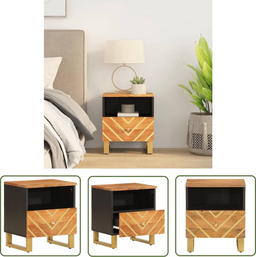 The Living Store Nachtkastje Massief mangohout 40 x 33 x 46 cm Opbergruimte Stabiel bovenblad Stevige poten Nachtkastje Mangohout Houten Nachttafel Slaapkamerdecoratie Opbergruimte