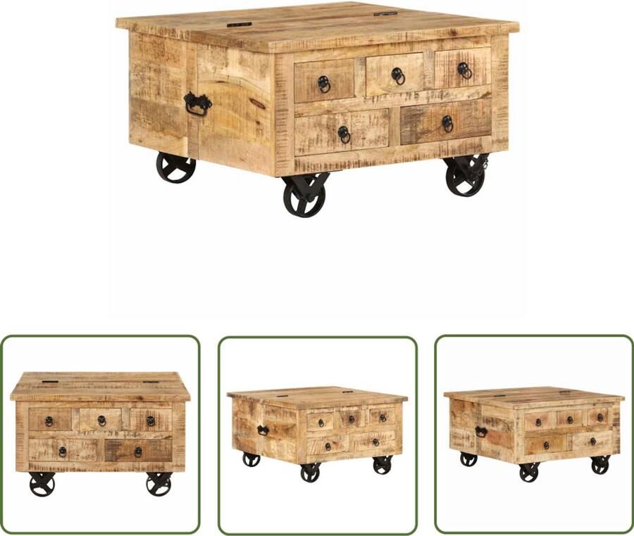 The Living Store Vintage salontafel industriÃle stijl mangohout 70 x 70 x 40 cm 5 lades 4 wielen Salontafel Mangohout Vintage Industrieel Bijzettafel - Foto 3