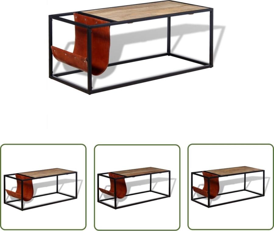 The Living Store IndustriÃle Salontafel Massief Mangohout 110 x 50 x 45 cm Geitenleren Tijdschriftenhouder Industriële Salontafel Mangohout Salontafel Vintage Salontafel Retro Salontafel Houten Salontafel - Foto 2