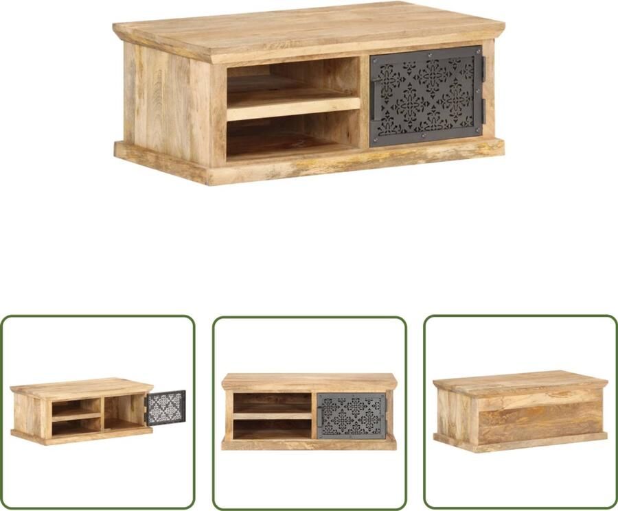 The Living Store Salontafel met deur 90x50x35 cm massief mangohout Salontafel Mangohout Tafel Zwarte Salontafel Vintage Salontafel Retro Salontafel