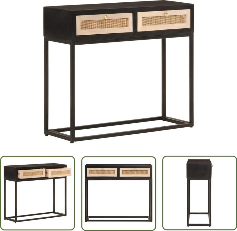 The Living Store Wandtafel 90x30x76 cm massief mangohout en ijzer zwart Wandtafel Mangohouten Tafel Zwarte Wandtafel Salontafel Opbergkast