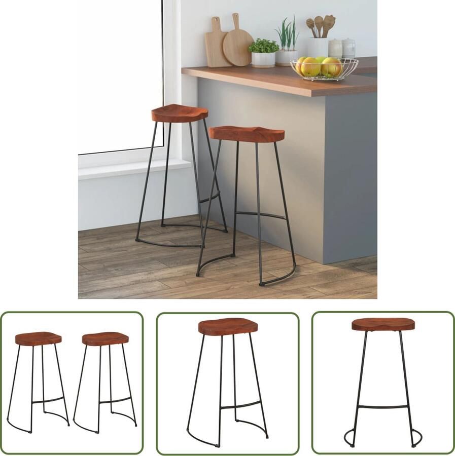 The Living Store Gavin Barkruk Retro Massief mangohout Gepoedercoat ijzer 50x40x78cm Draagvermogen 110kg (set van 2) Retro Barkruk Mangohouten Barkruk Keukenbarstoelen Eetkamerstoelen Barkrukken Set - Foto 2