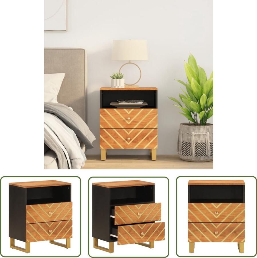 The Living Store Nachtkastje Massief Mangohout 50 x 33 x 60 cm 2 lades Stabiel bovenblad Bruin Zwart Nachtkastje Mangohouten Kast Slaapkamers Мебел Sidetable Commode