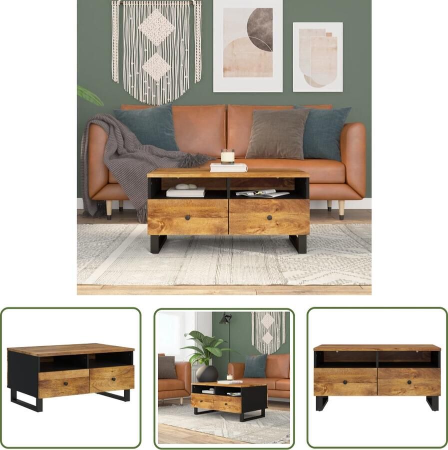 The Living Store Salontafel Massief Mangohout 80x54x40 cm 2 open vakken en 2 lades Stabiele poten Salontafel Mangohouten Salontafel Houten Salontafel Vintage Salontafel Industriële Salontafel