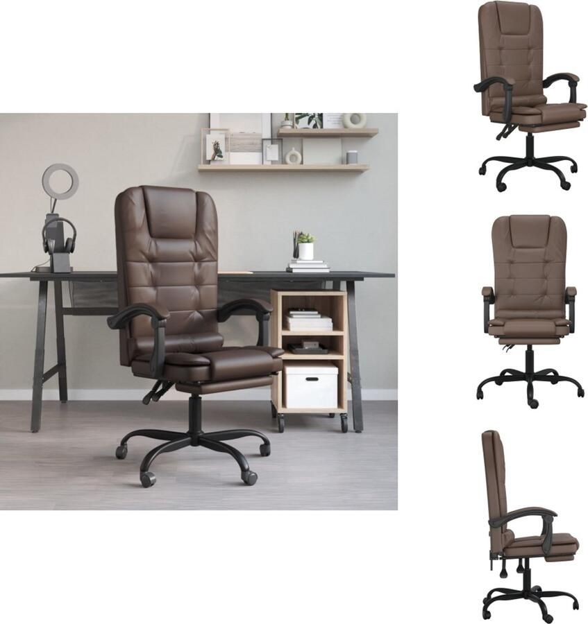 VidaXL Bureaustoel Verstelbaar Bruin Kunstleer Massagefunctie Verstelbare Rugleuning en Voetensteun Stevig en Stabiel Frame 63x56x(112.5-122)cm Bureaustoel