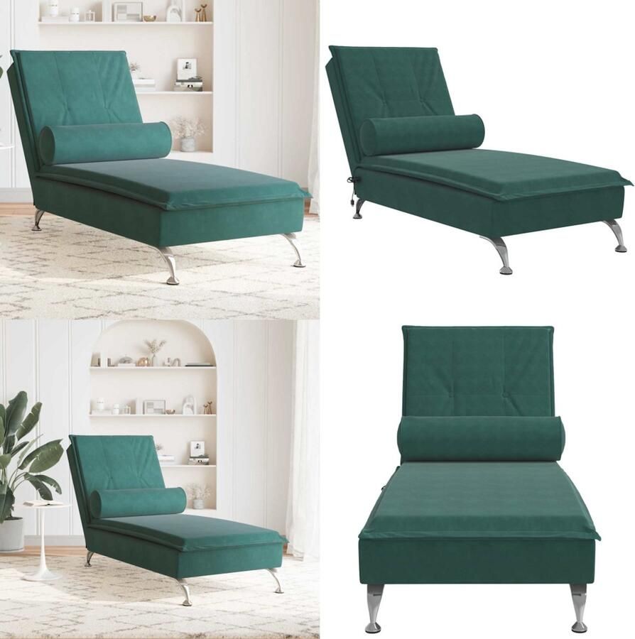 The Living Store Chaise Longue Donkergroen Fluweel Multiplex 136.5 x 56 x 75 cm Trilfunctie Massage Fauteuil Relaxfauteuil Loungestoel Fluweelfauteuil Donkere Fauteuils