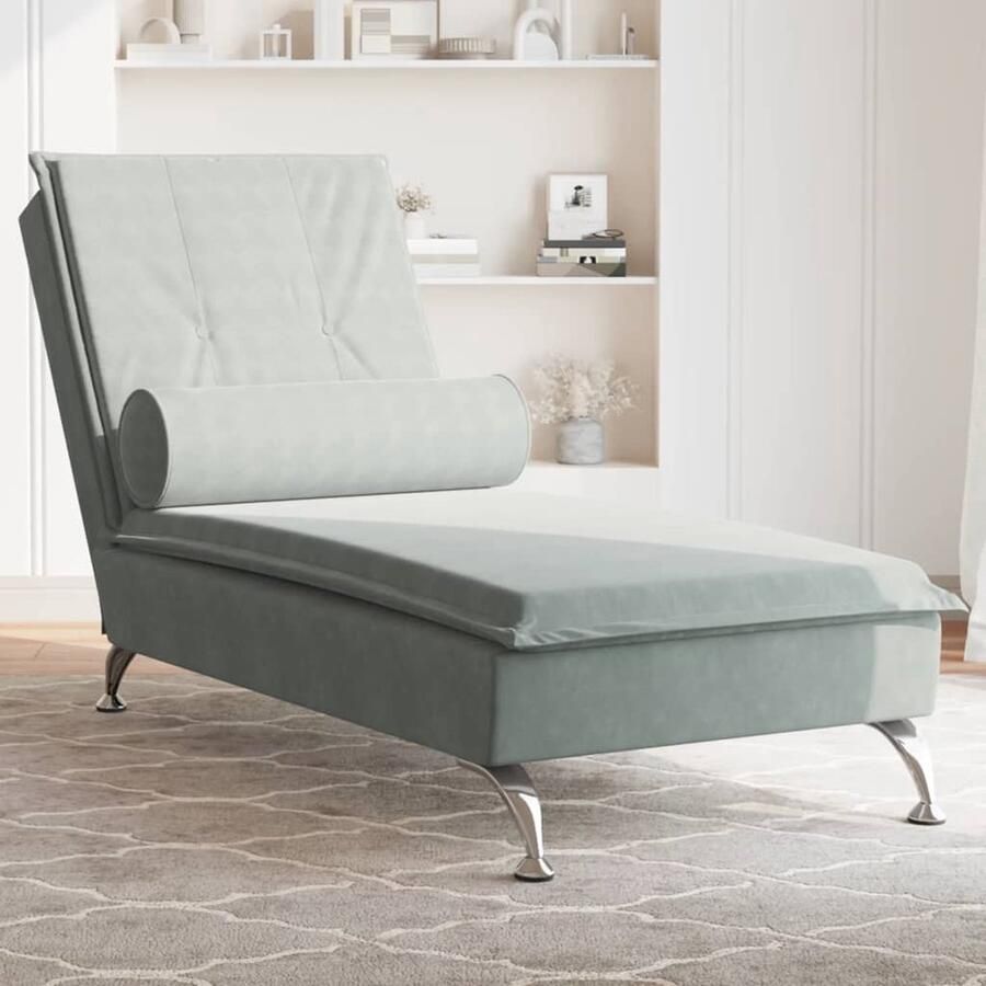 VidaXL Massage chaise longue met bolster fluweel lichtgrijs - Foto 3