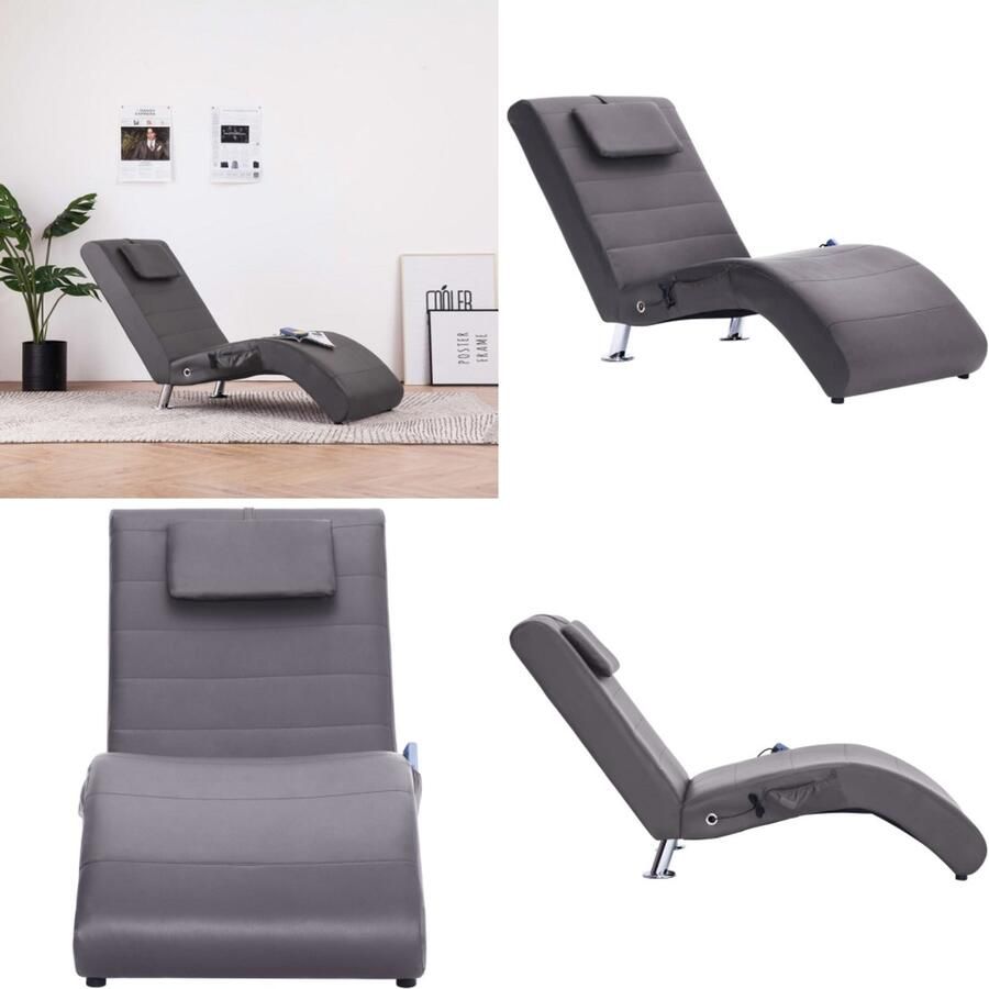 VidaXL Massage chaise longue met kussen kunstleer grijs Chaise Longue Chaise Longues Ligstoel Ligstoelen
