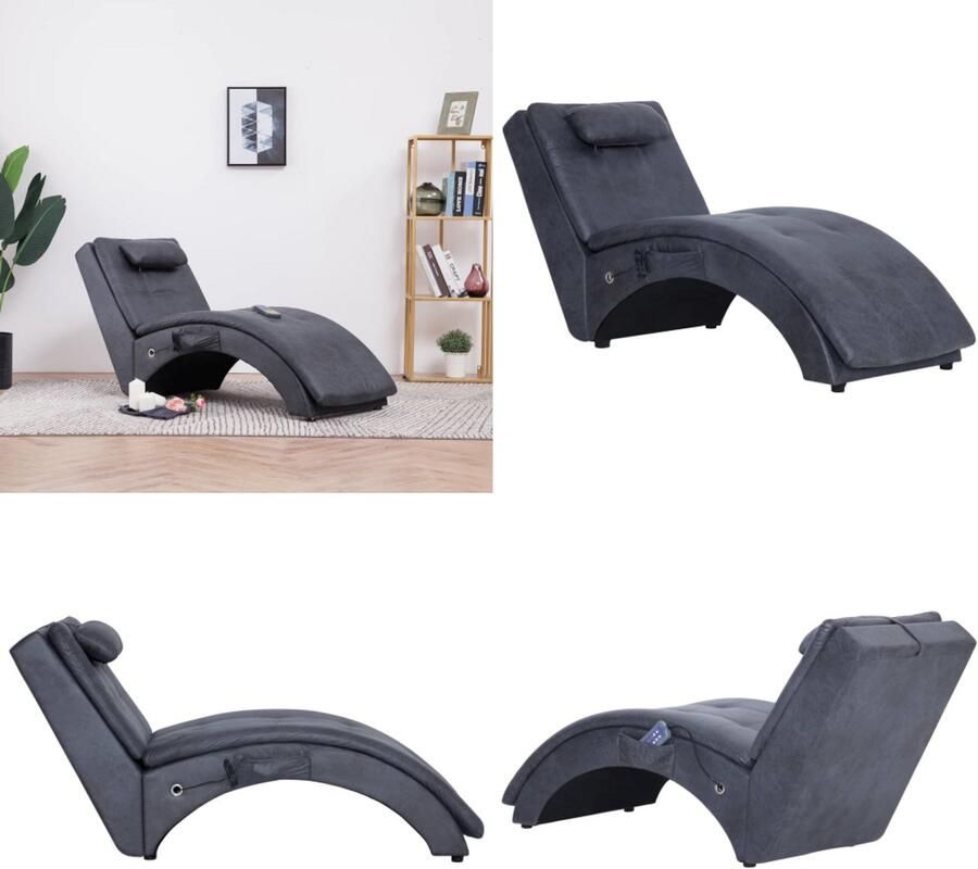 VidaXL Massage chaise longue met kussen kunstsuède grijs Chaise Longue Chaise Longues Ligstoel Ligstoelen