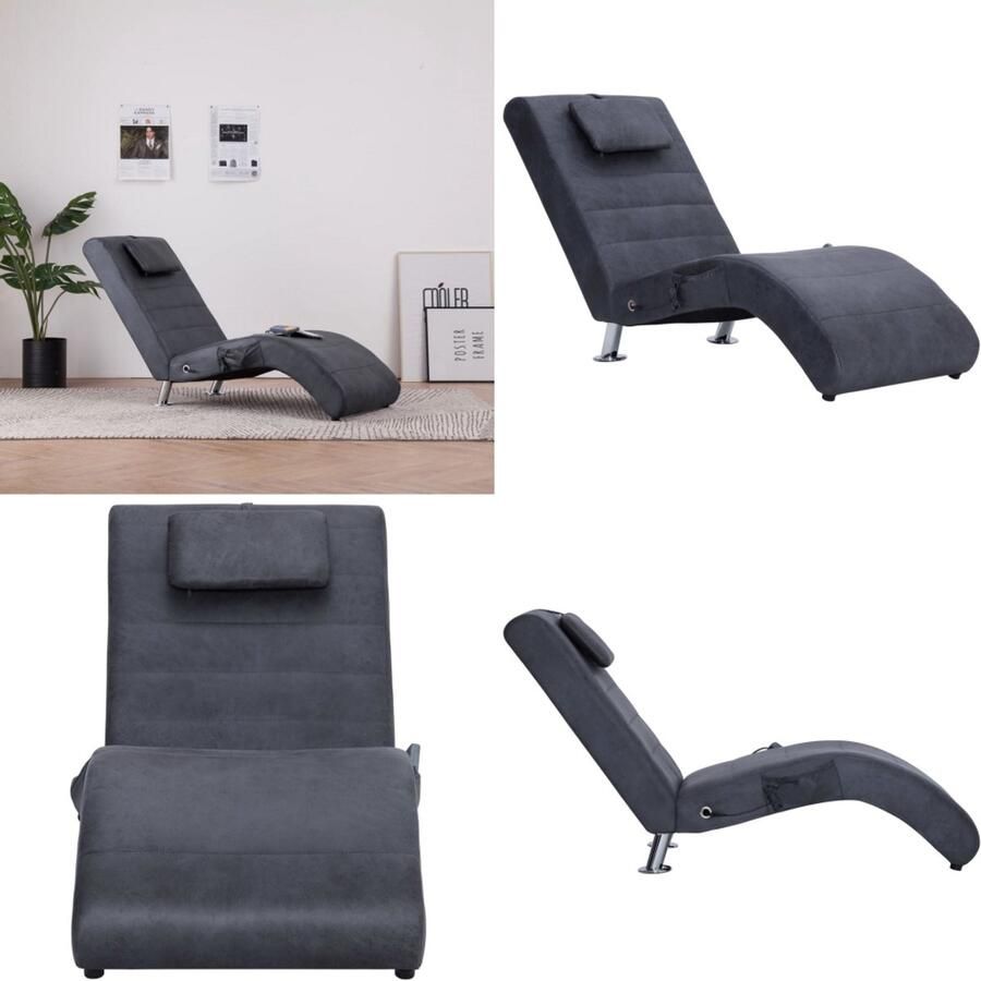 VidaXL Massage chaise longue met kussen kunstsuède grijs Chaise Longue Chaise Longues Ligstoel Ligstoelen