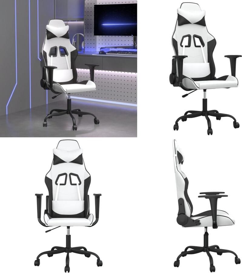 VidaXL Massage gamestoel kunstleer wit en zwart Gamingstoel Gamingstoelen Televisiestoel Computer Stoel
