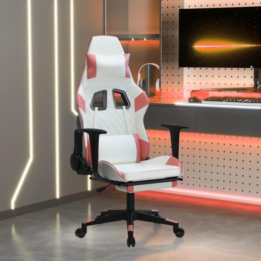 VidaXL Massage Gamestoel Kunstleer Wit Roze Gamestoel Gamingstoel Massage Functie Elektrische Massage Roterende Stoel Bureaustoel Computerstoelen Gamer Accessoires Kantooraccessoires - Foto 2
